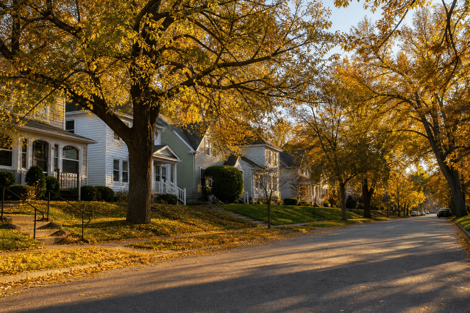 Tree-lined Minnesota neighborhood street in autumn