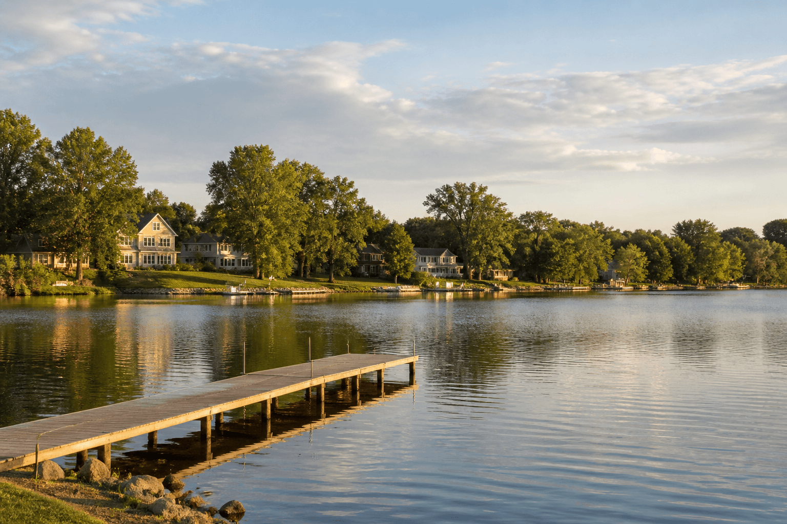 Calm Minnesota lakeside shoreline in summer light