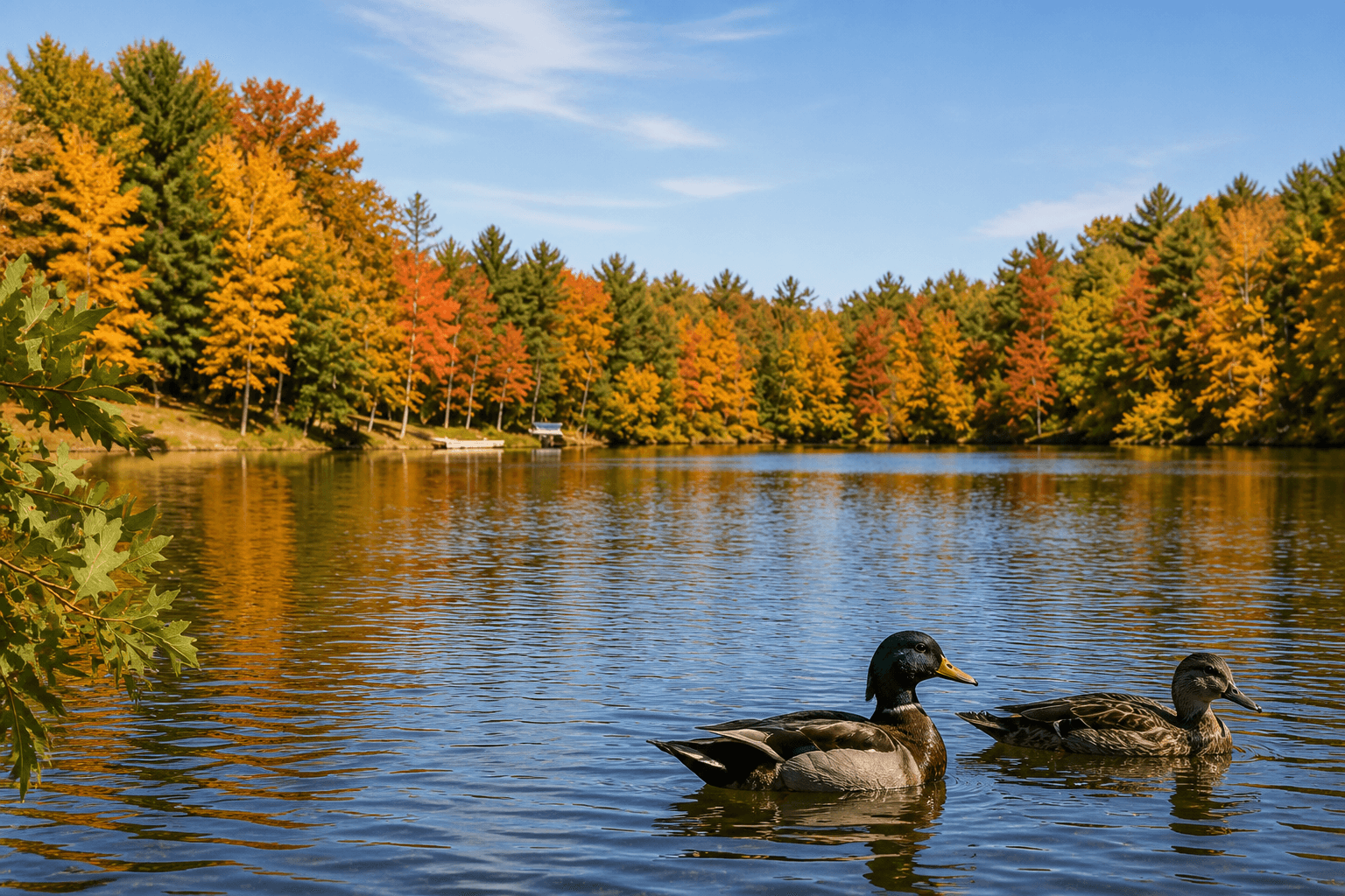Mallard ducks on Earley Lake with autumn shoreline in Burnsville, Minnesota
