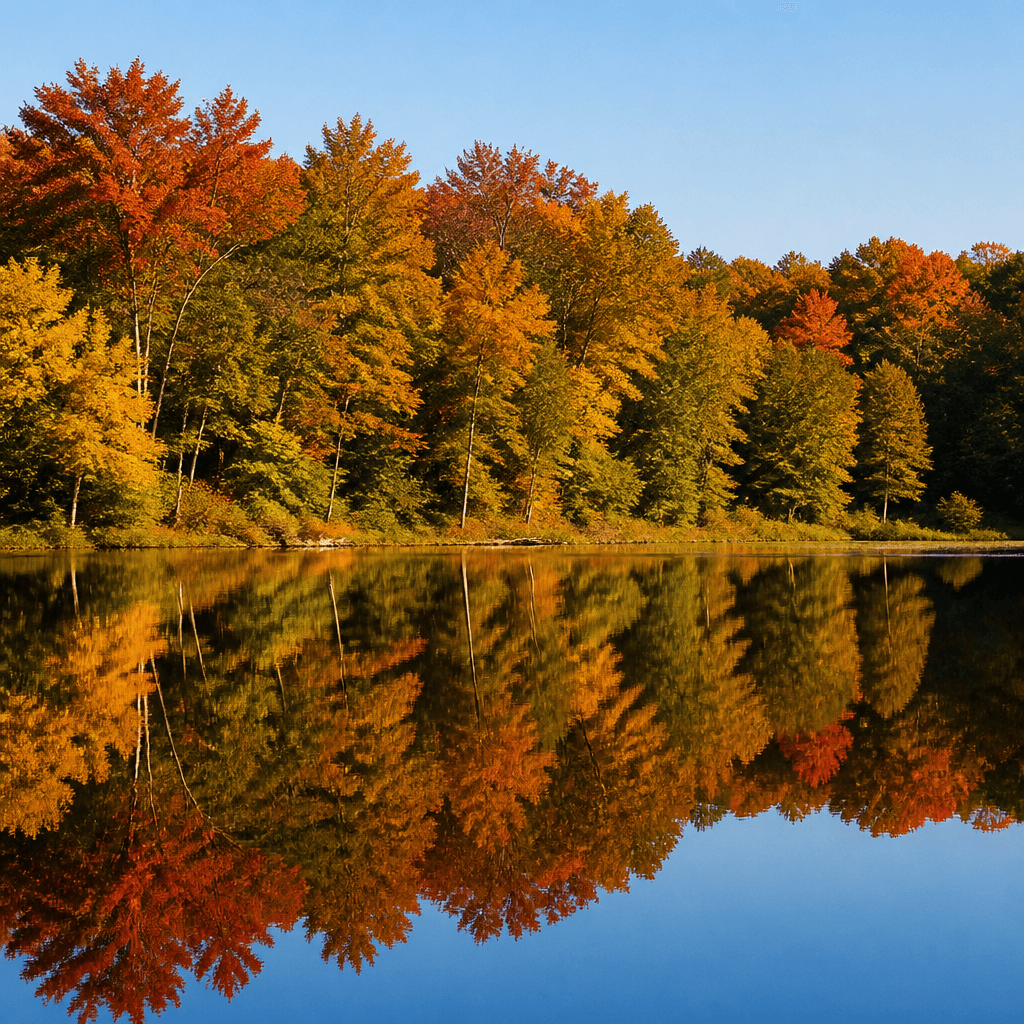 Fall foliage reflected in still lake water