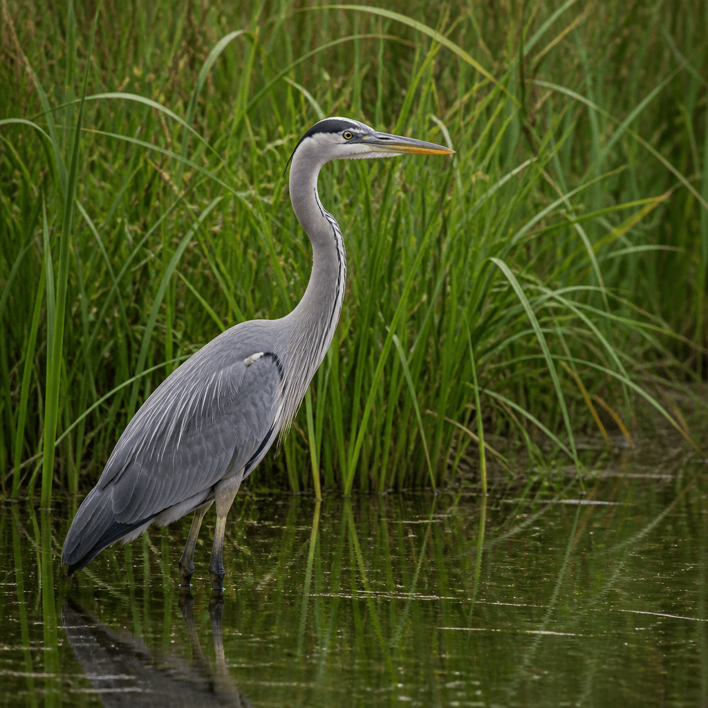 A great blue heron standing in marsh reeds