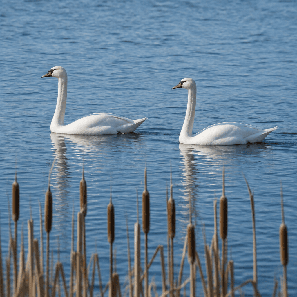 Two white swans swimming among reeds
