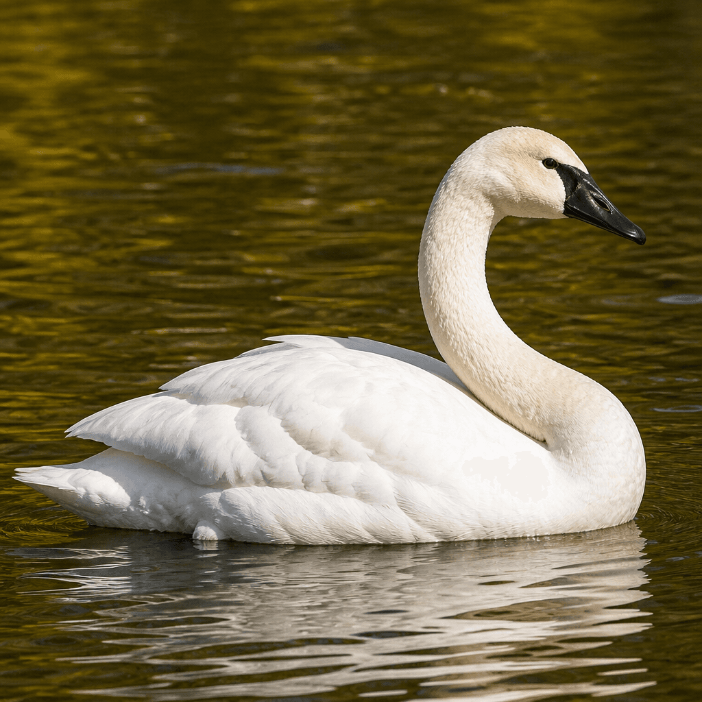 A trumpeter swan gliding across calm water