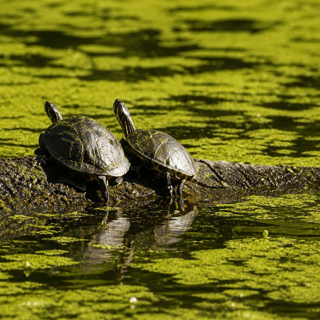 Turtles basking on a log in a Minnesota pond