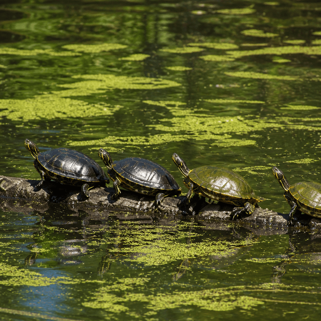 Four turtles lined up on a log in a pond