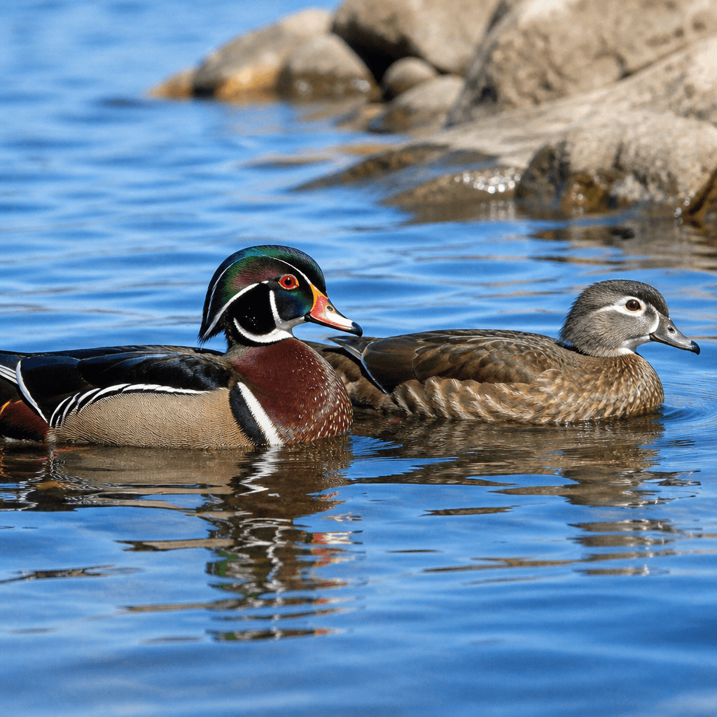 Two wood ducks swimming on Earley Lake